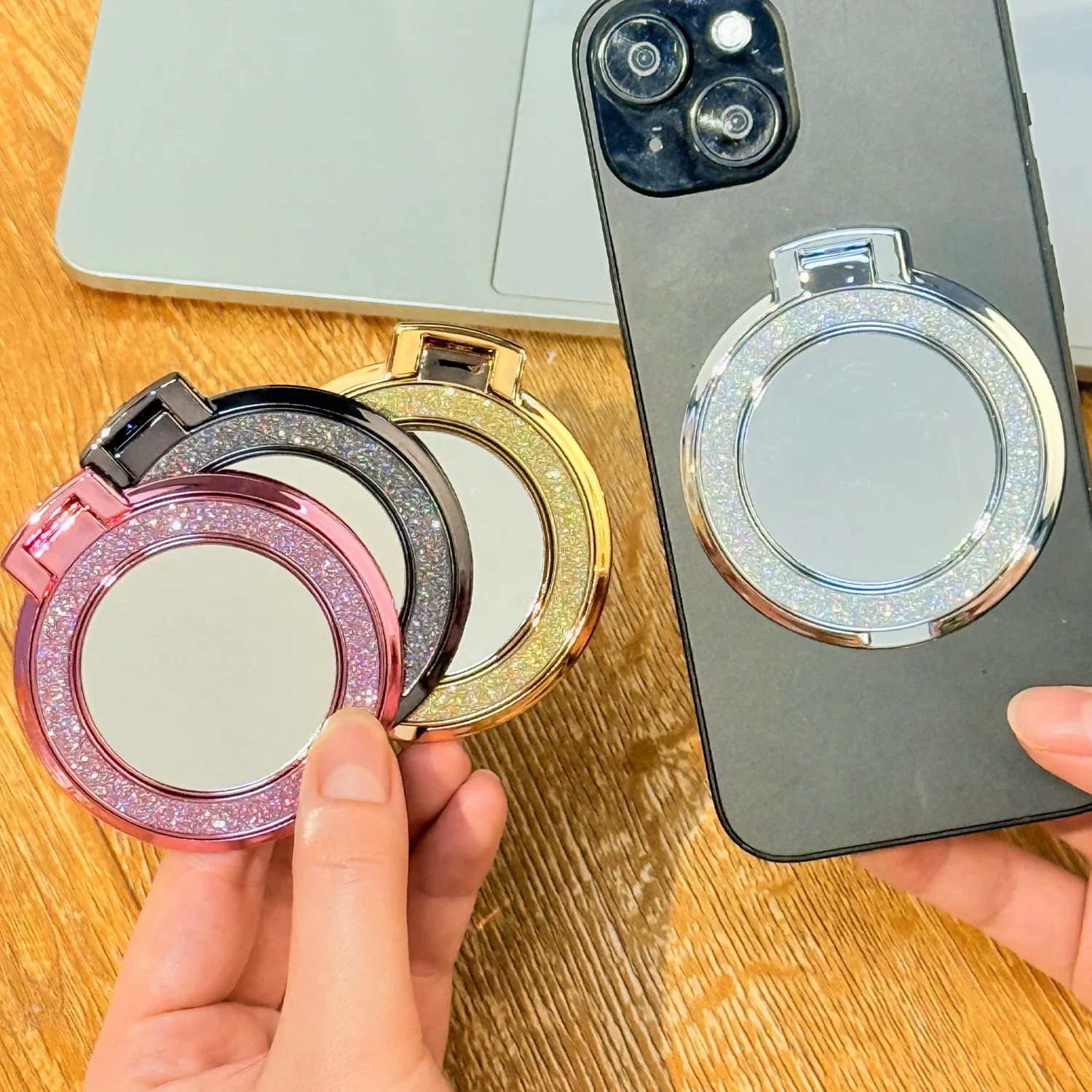 Pop Socket Grip - Glanzende diamanten telefoonringhouder met ronde spiegelstandaard,