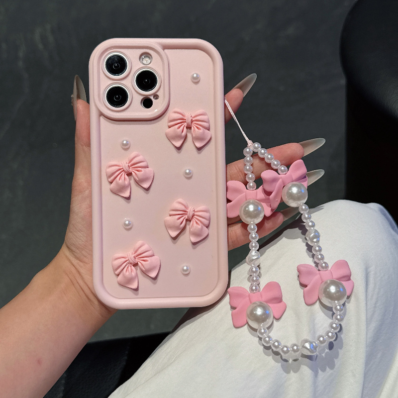 Phone Accessories Beads - Roze telefoonhoesje met strik en parelkoord